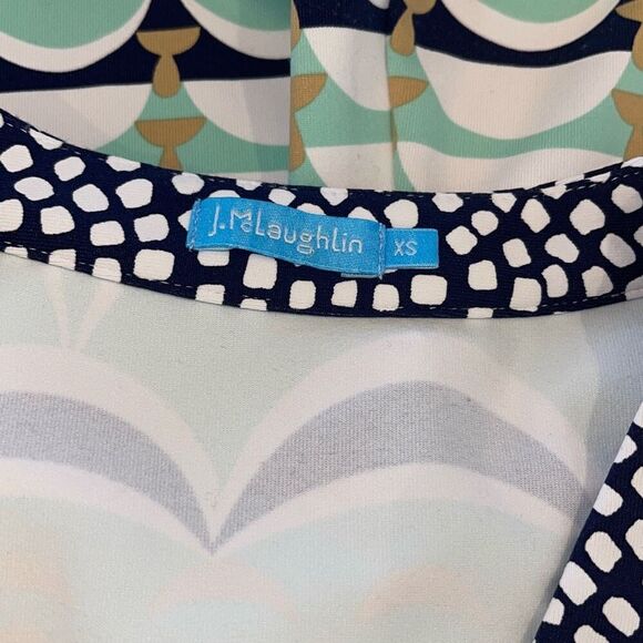 J.McLaughlin Giselle Dress Catalina Cloth Stretch V-neck Mint Navy White Gold Bl - Picture 6 of 10